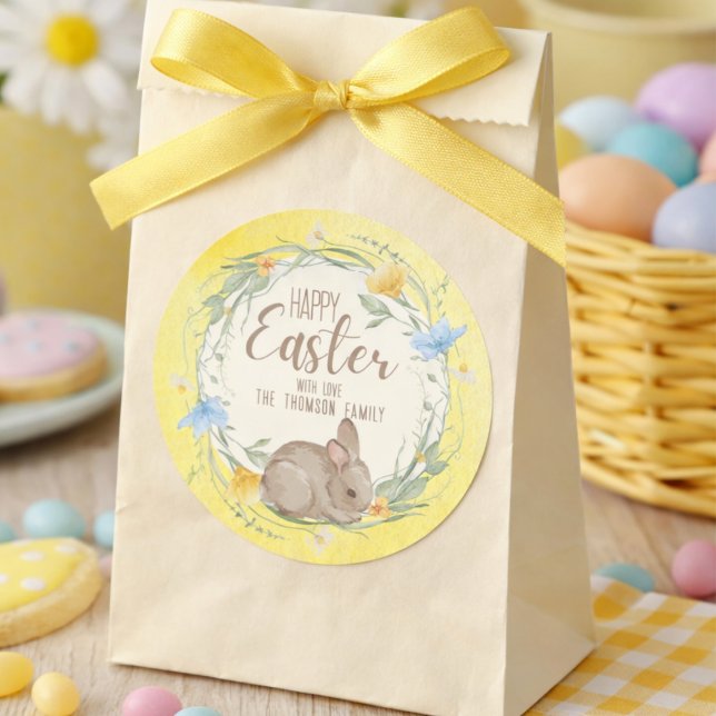 Pegatina Redonda Watercolor Bunny Spring Wildflowers Happy Easter (Subido por el creador)