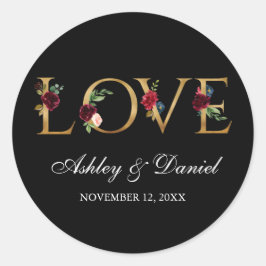 Pegatina Redonda Watercolor Burgundy Floral Black Gold Love Boda