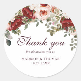 Pegatina Redonda Watercolor Burgundy Red Floral Boda Gracias