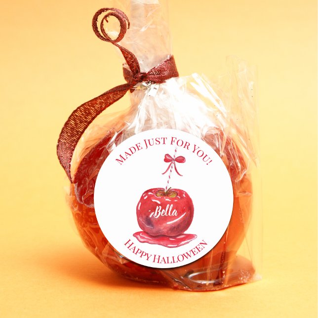 Pegatina Redonda Watercolor Candy Apple Happy Halloween (Add this beautiful watercolor with your child's name to make it extra special. )