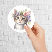 Watercolor Cat con flores cortadas