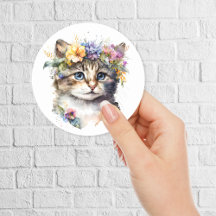 Watercolor Cat con flores cortadas