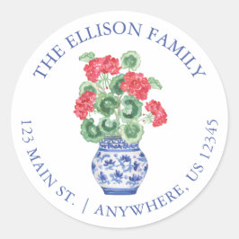 Pegatina Redonda Watercolor Chinoiserie Vase Red Geranios Dirección