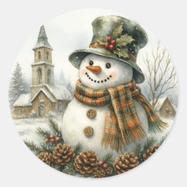 Pegatina Redonda Watercolor Christmas Snowman Cozy Winter Holiday 