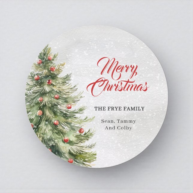 Pegatina Redonda Watercolor Christmas Tree Holiday Gift (Personalized Merry Christmas round sticker with family name)