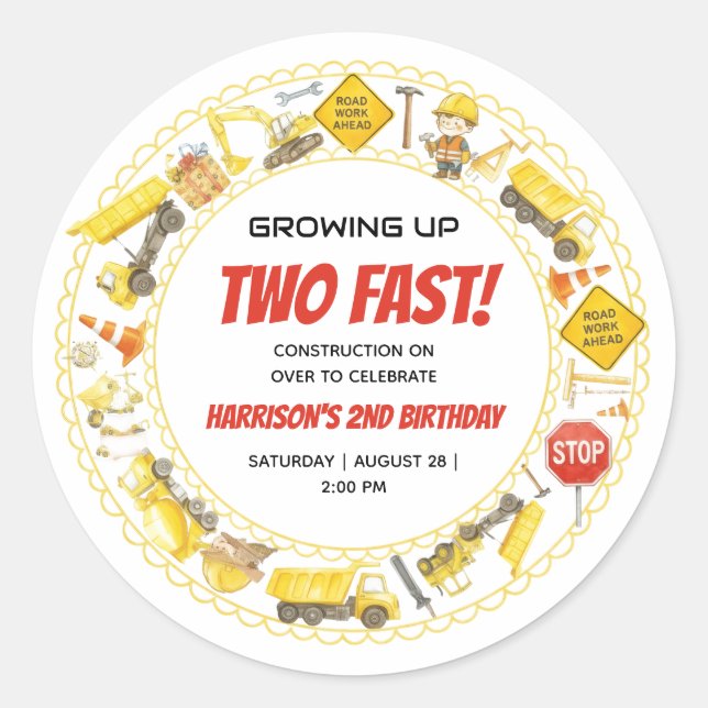 Pegatina Redonda Watercolor Construction 2nd Birthday Party  (Anverso)