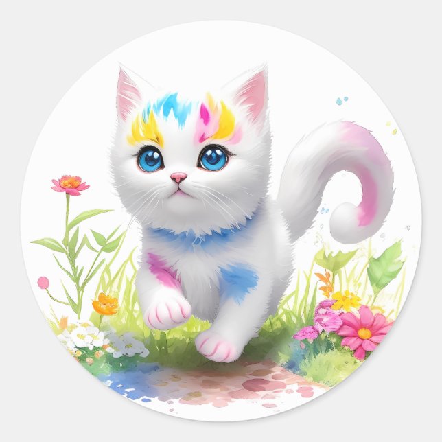 Pegatina Redonda Watercolor Cute cat (Anverso)