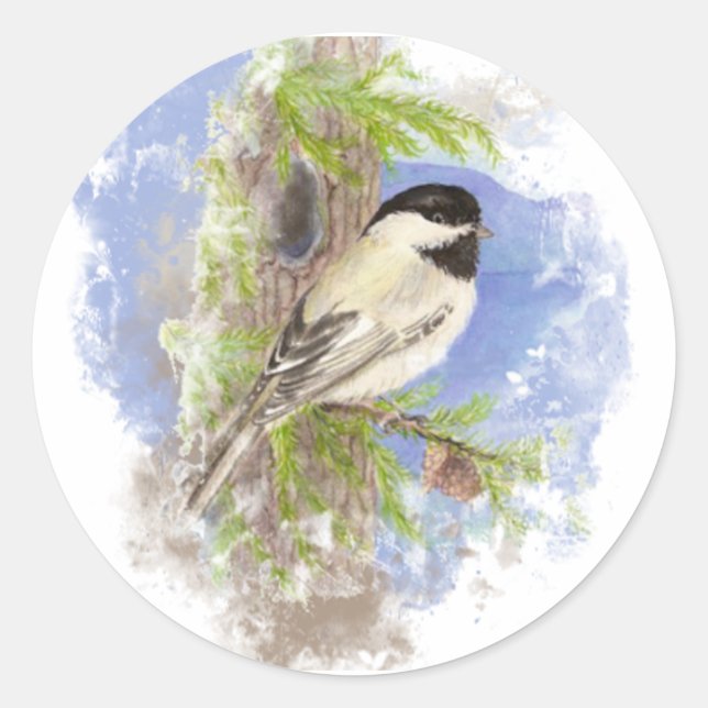 Pegatina Redonda Watercolor Cute Chickadee Arte Natural de Aves (Anverso)