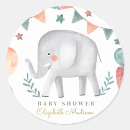 Pegatina Redonda Watercolor Cute Elephant Baby Shower