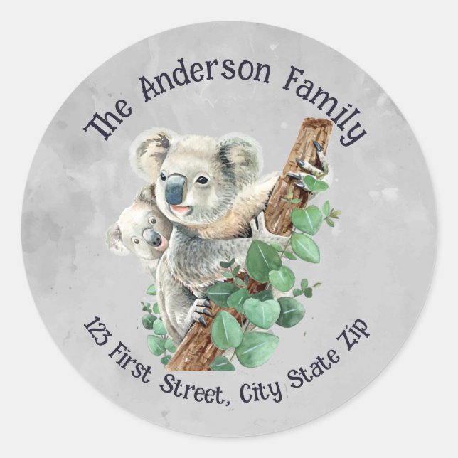 Pegatina Redonda Watercolor Cute Koala lleva arte animal australian (Anverso)