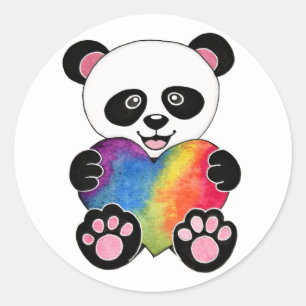 Pegatina Redonda Watercolor Cute Panda Con Corazón Arcoiris