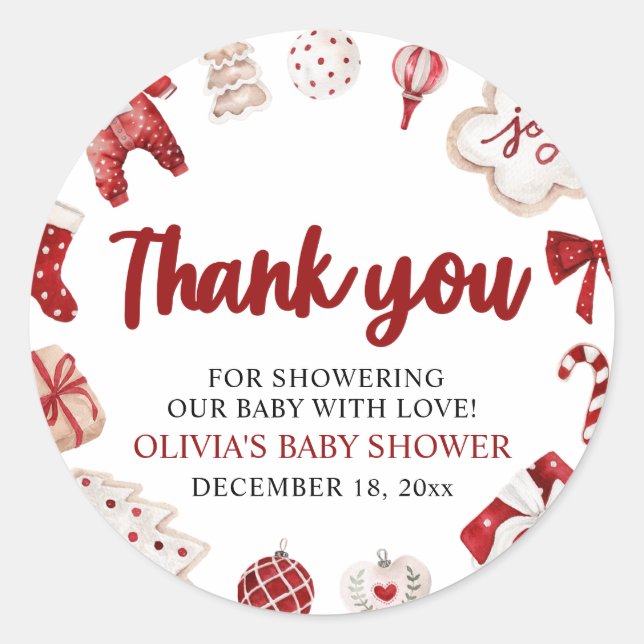 Pegatina Redonda Watercolor Cute Red Navidades Winter Baby Shower (Anverso)