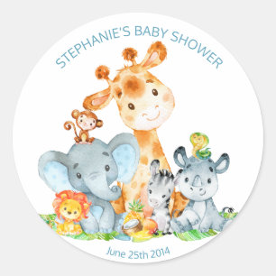 Pegatina Redonda Watercolor Cute Safari Jungle Boy Baby Shower