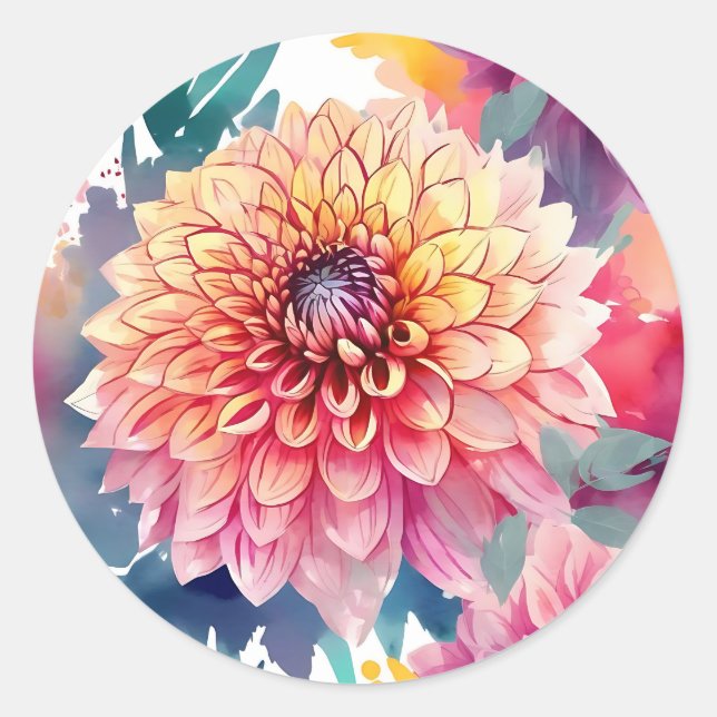 Pegatina Redonda Watercolor Dahlia Summer (Anverso)