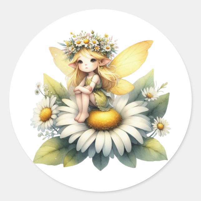 Pegatina Redonda Watercolor Daisy Fairy (Anverso)