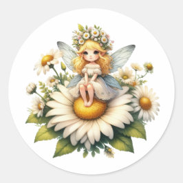 Pegatina Redonda Watercolor Daisy Fairy