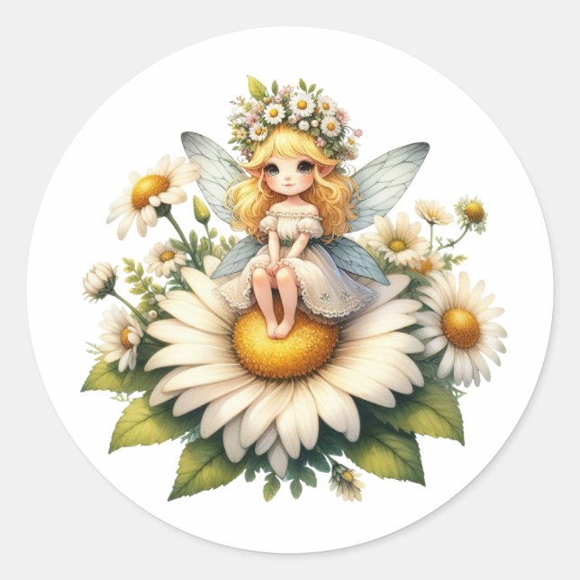 Pegatina Redonda Watercolor Daisy Fairy (Anverso)