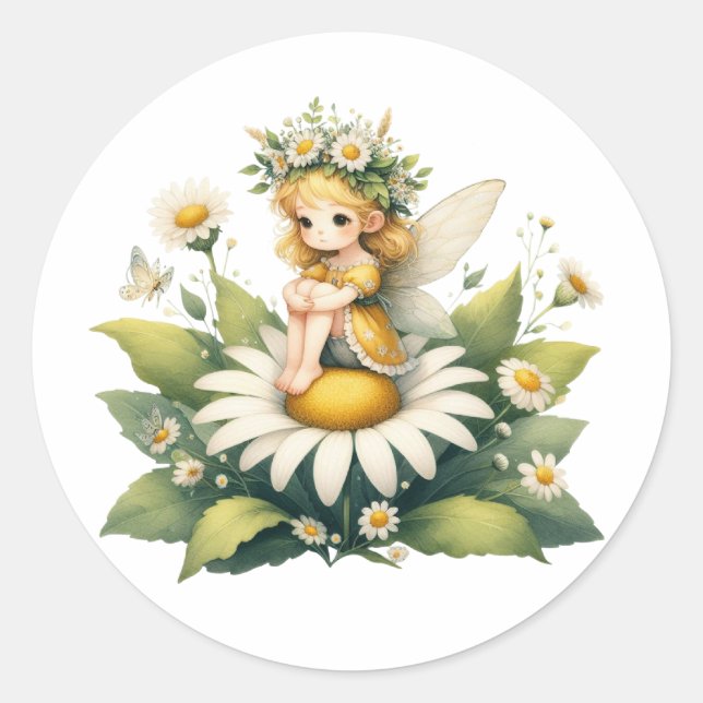 Pegatina Redonda Watercolor Daisy Fairy (Anverso)