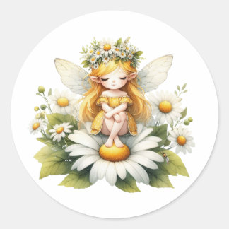 Pegatina Redonda Watercolor Daisy Fairy