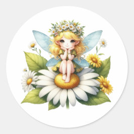 Pegatina Redonda Watercolor Daisy Fairy
