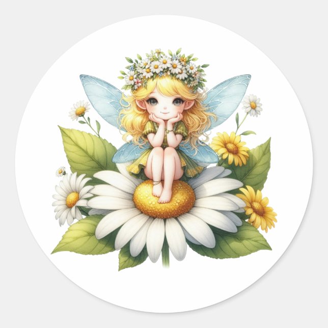 Pegatina Redonda Watercolor Daisy Fairy (Anverso)