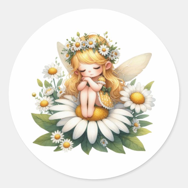 Pegatina Redonda Watercolor Daisy Fairy (Anverso)