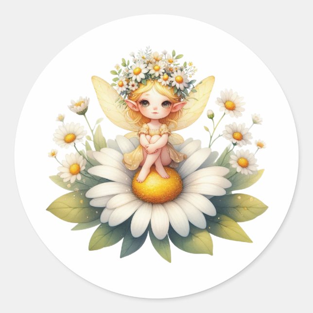 Pegatina Redonda Watercolor Daisy Fairy (Anverso)