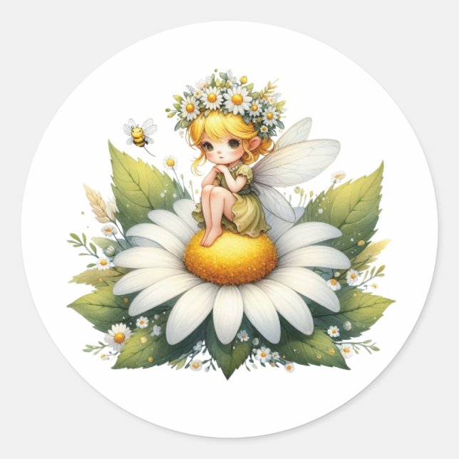 Pegatina Redonda Watercolor Daisy Fairy (Anverso)