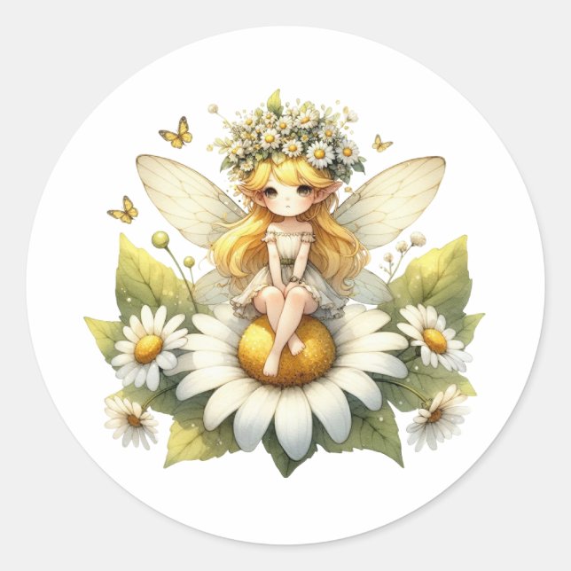 Pegatina Redonda Watercolor Daisy Fairy (Anverso)