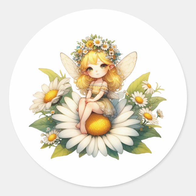 Pegatina Redonda Watercolor Daisy Fairy (Anverso)