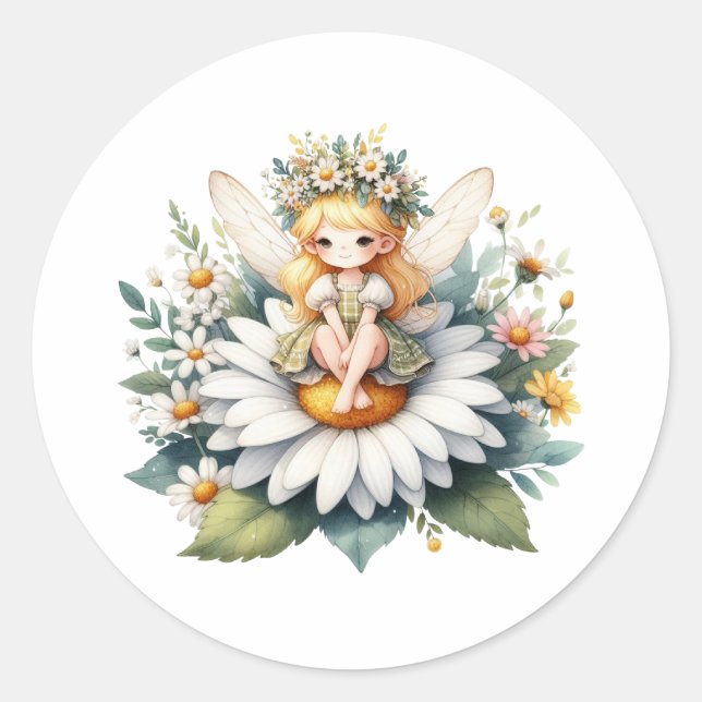 Pegatina Redonda Watercolor Daisy Fairy (Anverso)
