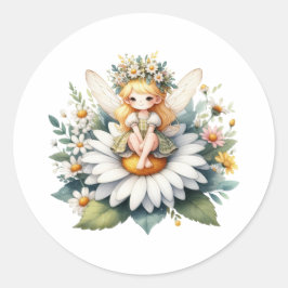 Pegatina Redonda Watercolor Daisy Fairy