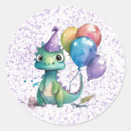 Pegatina Redonda Watercolor Dinosaur Balloons Chica Fiesta de cumpl