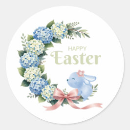 Pegatina Redonda Watercolor Easter Hydrangea Wreath Cute Bunny