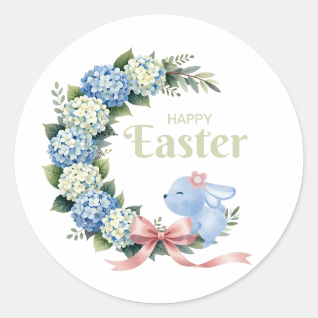 Pegatina Redonda Watercolor Easter Hydrangea Wreath Cute Bunny (Anverso)