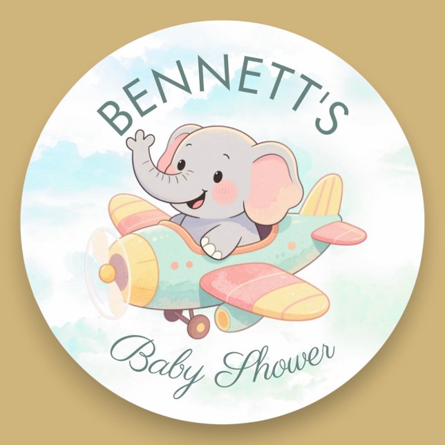 Pegatina Redonda Watercolor Elephant Airplane Baby Shower Sticker (Subido por el creador)