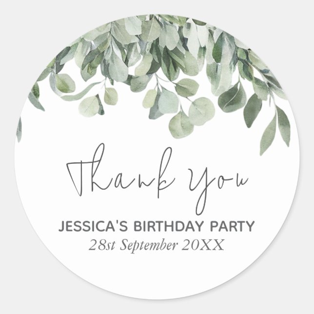 Pegatina Redonda Watercolor Eucalyptus Greenery Birthday Thank You  (Anverso)