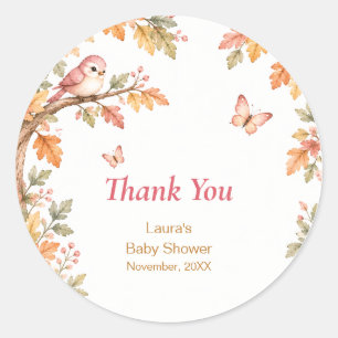 Pegatina Redonda Watercolor Fall Autumn Baby Girl Shower Thank You