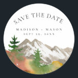 Pegatina Redonda Watercolor Fall Mountain Save the Date<br><div class="desc">Montañas acuarela otoño Guardar el Pegatina redondo clásico de fecha</div>
