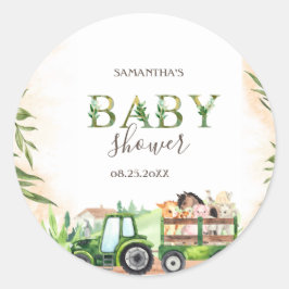 Pegatina Redonda Watercolor Farm Animals Tractor Baby Shower