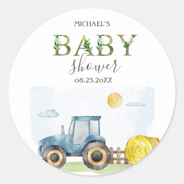 Pegatina Redonda Watercolor Farm Tractor Hay Baby Shower (Anverso)