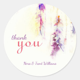 Pegatina Redonda Watercolor Feathers Boda Gracias