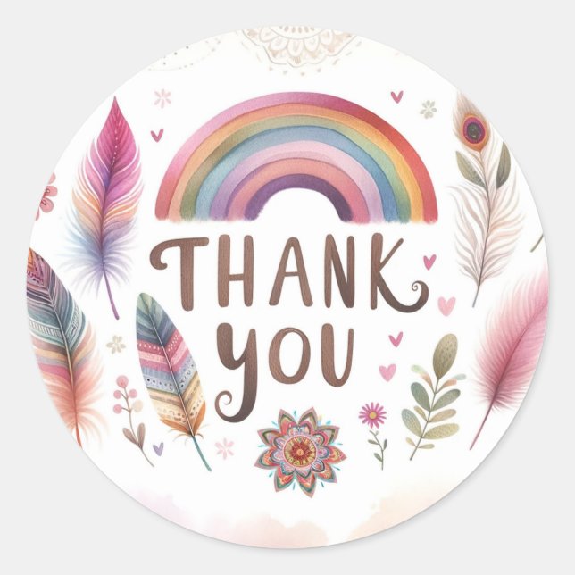 Pegatina Redonda Watercolor Feathers Bohemian Boho Birthday Party (Anverso)