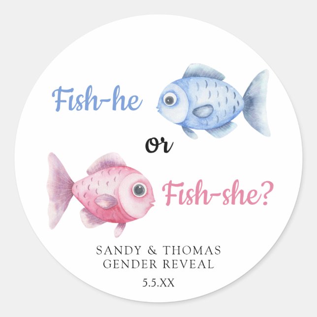 Pegatina Redonda Watercolor Fishing Gender Reveal (Anverso)