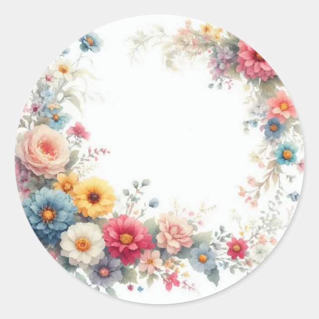 Pegatina Redonda Watercolor Floral Art Add Your Text Blank Template (Anverso)
