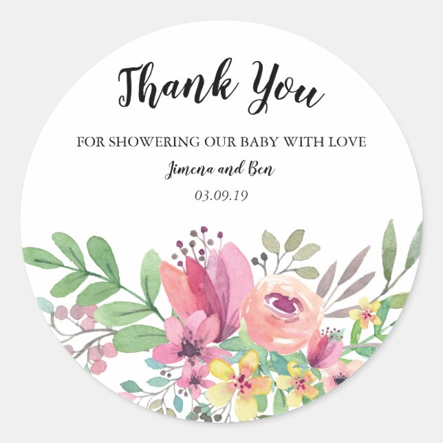 Pegatina Redonda Watercolor Floral Baby Shower Gracias (Anverso)