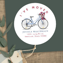 Pegatina Redonda Watercolor Floral Bicycle l I've Moved New Home