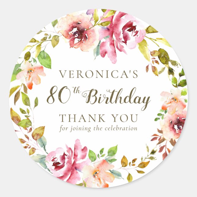 Pegatina Redonda Watercolor Floral Birthday Gracias (Anverso)