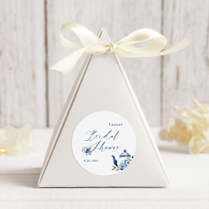 Pegatina Redonda Watercolor Floral Blue Tea Fiesta Bridal Shower