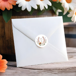 Pegatina Redonda Watercolor Floral Boho Western Horseshoe Monograma